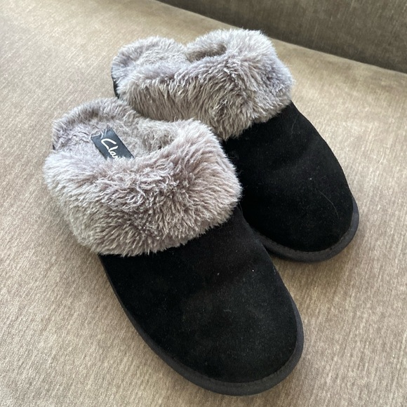 Clarks slippers black leather suede - Picture 1 of 4